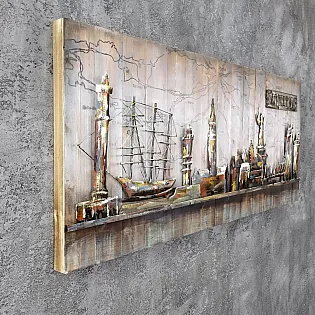 Artă de perete metalică 3D cu orizontul portului și cheiului Dunkerque decor maritim industrial, dimensiuni 60x150cm