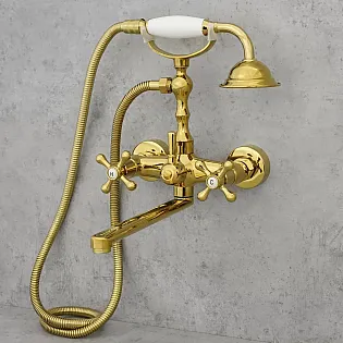 Mitigeur de baignoire en laiton, mural, hauteur 27 cm, longueur de bec 24,5 cm, couleur dorée