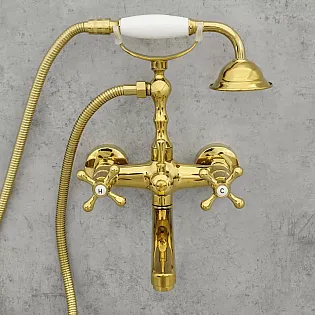 Mezclador de agua para bañera de latón, montado en la pared, altura 27 cm, longitud del caño 24,5 cm, color dorado