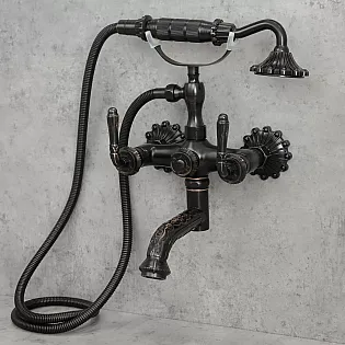 Aan de wand gemonteerde badkraan van messing, hoogte 34 cm, met 20 cm, zwarte kleur