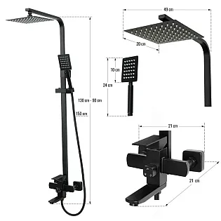 Brusesystem, moderne stil, højde 130 cm, fremspring 49 cm, brusehoved længde 24 cm, slangelængde 150 cm, drejelig tud