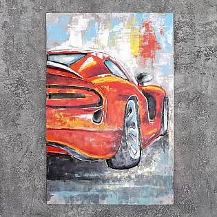 Artă de perete din metal 3D, imagine mașină sport roșie, decor auto lucrat manual, dimensiuni 80x120 cm, punct focal pentru interioare elegante