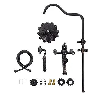 Vintage zwarte messing douche set met elegante bloemaccenten 3-in-1 retro douchesysteem met regendouchekop, handdouche en badkraan