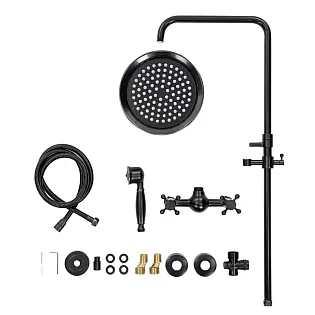 Sistema de duche em latão estilo retro na cor preta, com chuveiro de efeito chuva e chuveiro de mão, altura total 130 cm