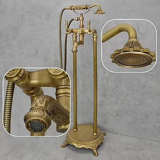 Vintage-tyylinen vapaasti seisova kylpyhana käsisuihkulla, valmistettu messingistä 3D-tekstuureilla, antiikki messingin väri, korkeus 104 cm