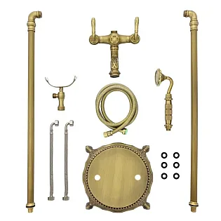 Vintage stila brīvi stāvošs vannas krāns ar rokas dušu, izgatavots no misiņa ar 3D faktūrām, antīka misiņa krāsa, augstums 104 cm