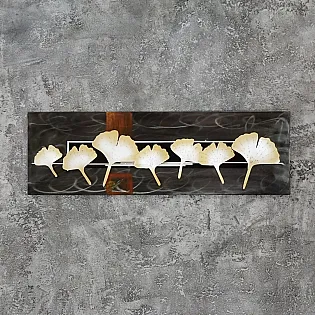 3D metal duvar dekoru, duvar sanatı, kontrast koyu zemin üzerinde narin metal çiçekler, yatay yönlendirme, boyutlar 115x35 cm