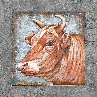3D метален декор за стена, кафява крава с халка на носа, 80x80см