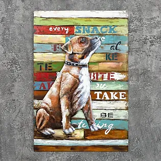 3D kovová nástěnná dekorace, malý pejsek na vodítku, 80x120cm