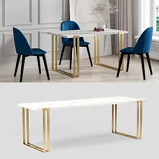 Rektangulärt utdragbart matbord med ben i gyllene stål, 3 storlekar i ett bord, längd 120 cm 140 cm 160 cm, förlängningsbart med 50 cm steg, maximalt utdragen bordslängd 220 cm 240 cm 260 cm, laminatskiva i färgerna svart, vit, ek, marmor, betong