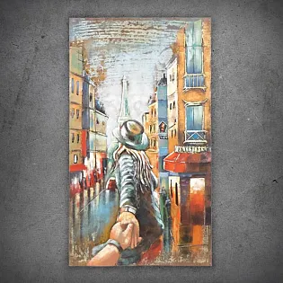 3D kovové nástěnné umění Follow me to Paris, dekor z recyklované oceli, šířka 70 cm, výška 120 cm