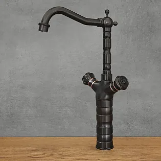 Standing retro style washbasin faucet made of brass, black color, satin, height 37 cm, spout length 16.5 cm