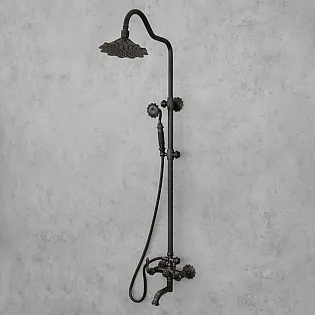 Aufputz-Duschset aus Antikmessing mit Regendusche, Handbrause und Wannenauslauf Blumendesign, schwarz
