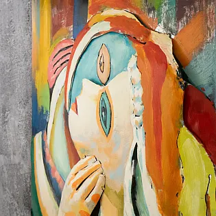 Abstraktes weibliches Porträt in lebendigen Farben moderne figurative Wandkunst, große Größe, Breite 70 cm, Höhe 120 cm, Gewicht 8,5 kg, Ausrichtung vertikal