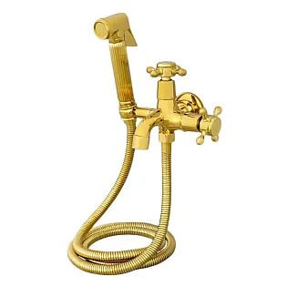 Grifo de bidé de superficie hecho de latón, color dorado, acabado brillante, longitud del caño 11 cm, longitud de la manguera 150 cm