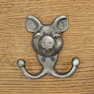 Dubbel klädkrok i gjutjärn grisdesign, 100 mm
