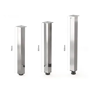 Elektropoleeritud alumiiniumist ruudukujulise ristlõikega ja kroomitud efektiga mööblijalad, kõrgus 71 cm, 82 cm, 110 cm, komplektis 4 tk.