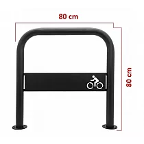 Udendørs cykelparkeringsstativ i metal med logo lavet af stål, sort farve, mål 80x80 cm