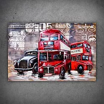 Oeuvre en métal 3D représentant une image dun bus rouge londonien vibrant, dimensions 120x60 cm