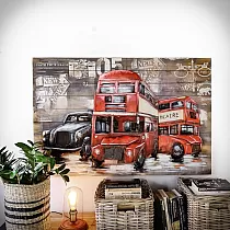 Oeuvre en métal 3D représentant une image dun bus rouge londonien vibrant, dimensions 120x60 cm