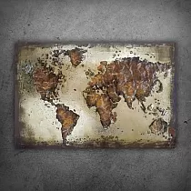Arte de pared en metal 3D de mapamundi en tonos marrones Tierra industrial cartografía metálica, 70x120cm