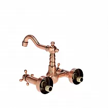 Antik görünümlü duvara monte pirinç musluk, antik pembe altın efektli renk, yükseklik 17 cm, ağız uzunluğu 15 cm