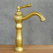 Waschtischarmatur im Retro-Stil aus Messing in der Farbe Altmessing satiniert, Höhe 30 cm, Auslauflänge 15 cm