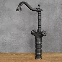 Shabby style washbasin faucet made of black brass, height 390mm, spout length 185mm