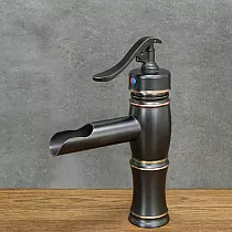Waterfall style washbasin brass faucet in black color with shabby effect, height 22.5 cm, spout length 10 cm