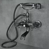 Antīka stila sienas vannas jaucējkrāns ar dušu, melns misiņš ar nobružātu efektu, augstums 30 cm, snīpi garums 9 cm