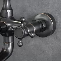 Antique style wall-mounted bath faucet with shower, black brass with shabby effect, height 30 cm, spout length 9 cm