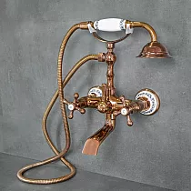 Wall-mounted retro style bathroom faucet made of brass and ceramics, antique bronze color, height 220mm, spout length 115mm