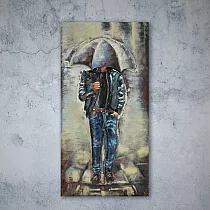 Gran figura de metal 3D Hombre bajo la lluvia con paraguas, altura 120 cm, ancho 60 cm, peso 8 kg