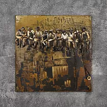 Tableau 3D carré en métal Ouvriers déjeunant sur une grue , hauteur 100 cm, largeur 100 cm