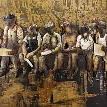 Tableau 3D carré en métal Ouvriers déjeunant sur une grue , hauteur 100 cm, largeur 100 cm