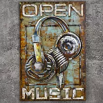 3D Metal Art Work Mikrofon an Kopfhörer Open Music, Dimensiounen 60x90cm