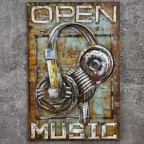Opera darte in metallo 3D Microphone and Headphones Open Music, dimensioni 60x90cm