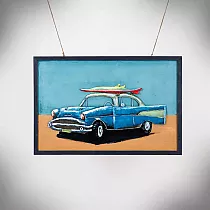 Obra de arte en metal 3D Playa y coche retro con tabla de surf en el techo, altura 60 cm, ancho 90 cm