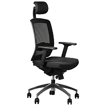 Άνετη καρέκλα γραφείου με αναπνεύσιμη πλάτη σε μαύρο χρώμα και ρυθμιζόμενο προσκέφαλο