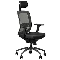 Удобен офис стол с дишаща облегалка в сив цвят и регулируема облегалка за глава