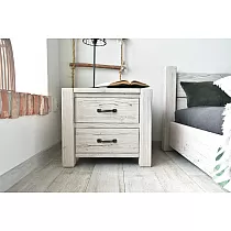 Masivní dřevěný noční stolek se dvěma zásuvkami, vyrobený ze smrku, bílená povrchová úprava, výška 48 cm, šířka 54 cm, hloubka 42 cm, sada 2 kusů