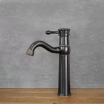 Retro-style sink faucet made of brass in black color with patterns, height 290mm, spout length 150mm