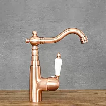 Dřezová baterie v retro stylu z mosazi v barvě růžového zlata s keramickou hlavicí, výška 22 cm, délka výtoku 15 cm