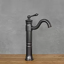 Retro-style sink faucet made of brass in black color, height 340 mm, spout length approx. 150 mm, BODMIN