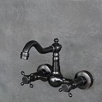 Robinet mural classique en laiton, couleur noir, hauteur 23 cm, longueur du bec 16 cm