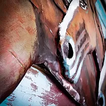 Arte de pared de metal 3D, pintura de metal 3 caballos, en tonos marrones y azules, dimensiones 100x70 cm