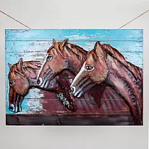 Arte de pared de metal 3D, pintura de metal 3 caballos, en tonos marrones y azules, dimensiones 100x70 cm