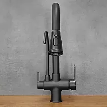 Robinet de bucatarie modern din alama de culoare neagra eleganta, rotativ la 360 de grade, duza de scurgere, cu duza suplimentara de apa potabila, inaltime 41 cm, lungime duza 19 cm