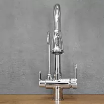 Moderní kuchyňská baterie z mosazi v chromové barvě, otočná o 360 stupňů, výsuvná hubice, s přídavnou hubicí pitné vody, výška 41 cm, délka hubice 19 cm