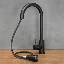 Moderne kjøkkenkran laget av rustfritt stål med uttrekkbar tut, høyde 41 cm, tutens lengde 16 cm, krom, svart eller antikk messingfarge